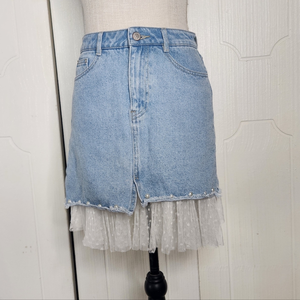 Ochirly Asymetrical Denim Lace Pearl Beaded Jean Skirt - Picture 2 of 12
